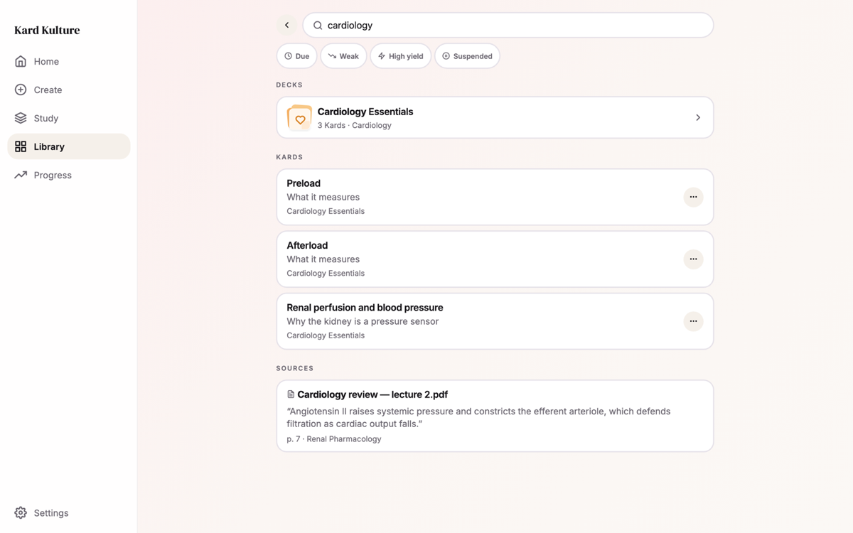 Search in a browser: the query cardiology, with results grouped into Decks, Kards and Sources, including a quoted passage from a lecture PDF.